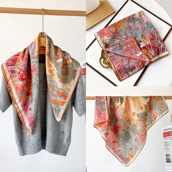 2/$30 Red Green Nature-Inspired Patterned Scarf Velvety Silk Neck Tie Head Shawl - Picture 1 of 5